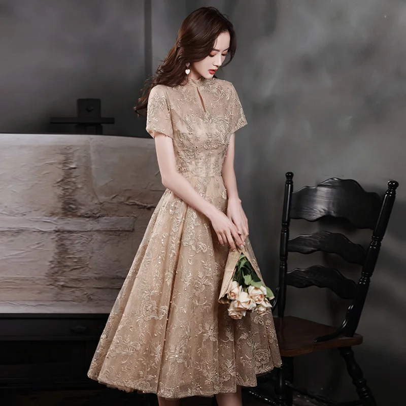 

Champagne Elegant Evening Dresses For Women Floral Print Illusion Sleeve A-Line Dress Valentine Day Gowns Vestido Feminino Longo