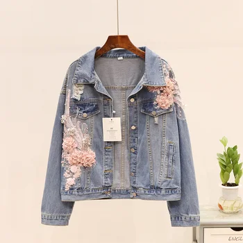 

Women Jeans Jacket Embroidery Stereos Flower Beading Long Sleeve Loose Short Jean Coat Spring Autumn Casual Denim Jacket Female