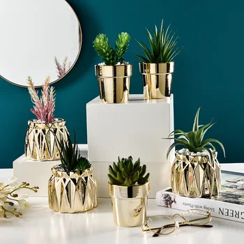 

Nordic Ceramic Vases Light Luxury Succulents Potted Creative Golden Simulation Cactus Bonsai Desktop Crafts Home Decoration