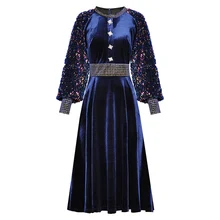 כחול קטיפה בתוספת גודל נצנצים שמלת מסיבת חג המולד בגדי חרוזים צוואר ריינסטון לחצן לנטרן שרוול נשים חורף שמלת מכירות(China)