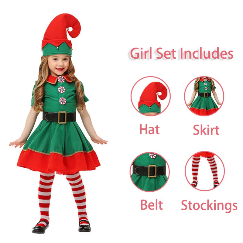dress set Рождественский комплект одежды для мальчиков и девочек; платье для девочек; Семейный детский костюм зеленого эльфа; карнавальные вечерние костюмы с шапочкой и носками - Цвет: dress set