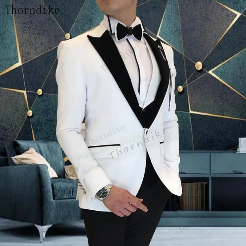 Thorndike White With Black Lapel Suits for Men Made Slim Groom 3 Piece Wedding Mens Suit (Jacket+Pants+Vest)