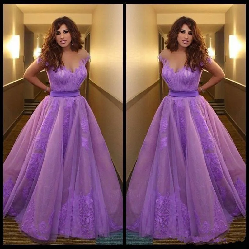 Вдохновленные Najwa Karam платья знаменитостей вечернее платье Саудовская Арабская Дубай аппликации фиолетовые Вечерние платья Vestidos