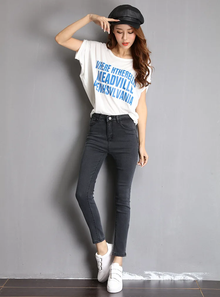 Spring New Style Slim Fit Elasticity Versatile Cowboy Skinny Trousers Large Size Black And White with Pattern Dark Blue Gra