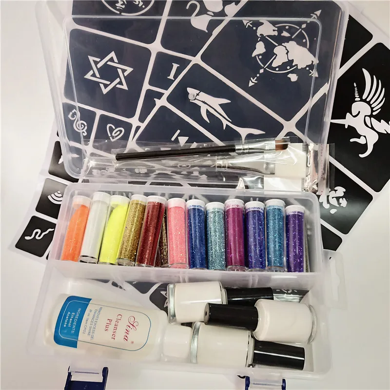 30 Colors Glitter 6 Luminous Powder 4 Glues 2 Brushes Hollow Template Kit for Temporary Tattoo Kids Face Diy Nail Painting Art