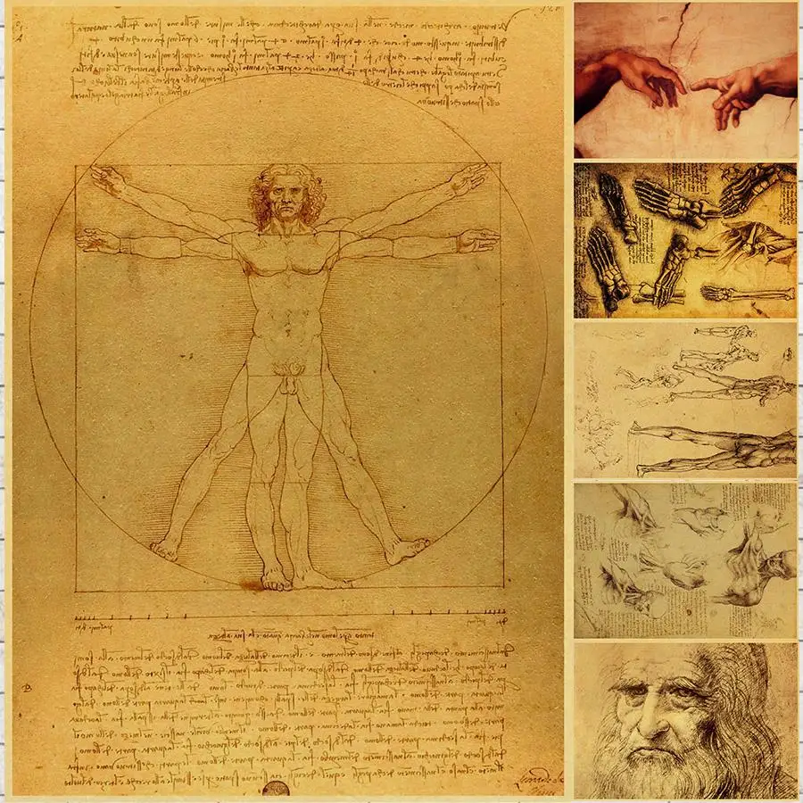 Leonardo Da Vinci Manuscript Vitruvian Man Posters Nostalgic Retro Decorative Printed Painting Core Kraft Paper Wall Stickers wall stickers self adhesive wall stickers vinyl wall stickers kraft paper wall pictures