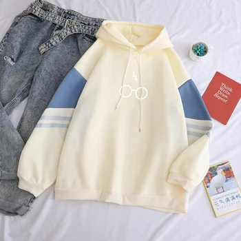 

Funny Cartoon Glasses Hoodies New Fashion Print Casual Loose Hooded Female Pullover Hit Color Streetwear Sportswear Clothing