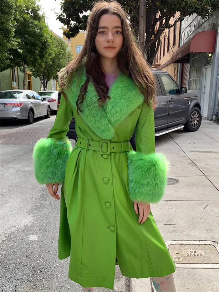 Искусственная кожа лоскутное меховое пальто для женщин с поясом однобортный теплый толстый верхняя одежда уличная зеленая Женская длинная куртка