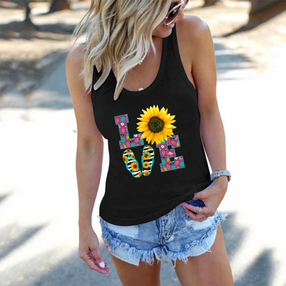 Vintage Love Sunflower Print Women Tank Top Sleeveless Round Neck Vest for Summer Clothes Loose Ladies Tops Femme 2021 | Женская одежда