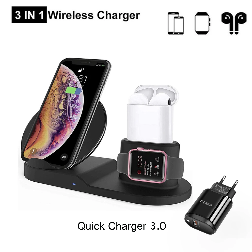 EU Plus 15 Вт Qi Беспроводная зарядная подставка для Iphone X XS MAX XR 8 быстрая зарядная док-станция для Apple Watch 4 3 2 1 Airpods Xiaomi Airdots - Цвет: EU Plus