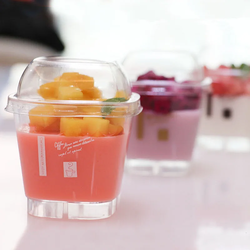 

50pcs Square disposable transparent pudding dessert cup ice cream cup fruit cup small creative party birthday cake cup with lid