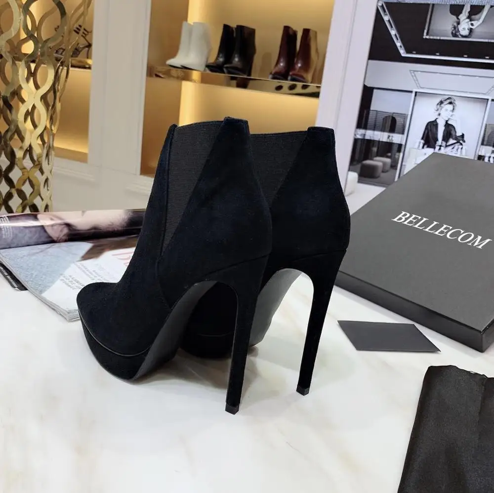 

BELLECOM 2019 Autumn New Type Leather Suede Bare Boots Super High-heeled Waterproof Table Shoes and Girls Boots