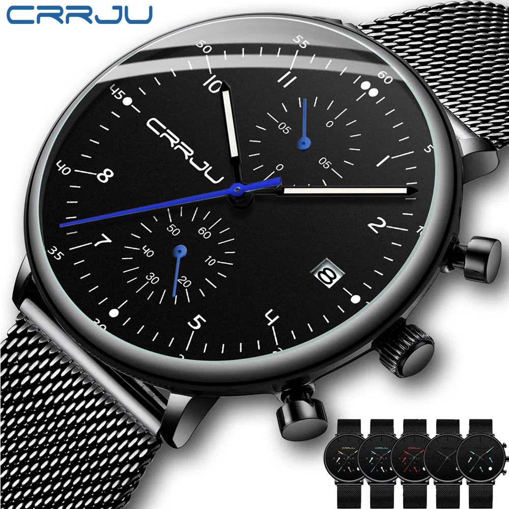 

Mens Watch CRRJU Luxury Top Brand Men Stainless Steel WristWatch Men's Military waterproof Date Quartz watches Erkek Kol Saati