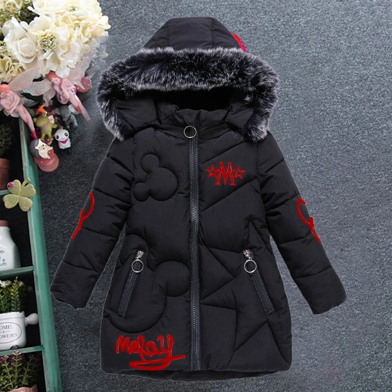 Baby girl clothes 3-12Y winter down padded jacket thick warm jacket letter  fashion padded jacket girl mid-length hooded jacket