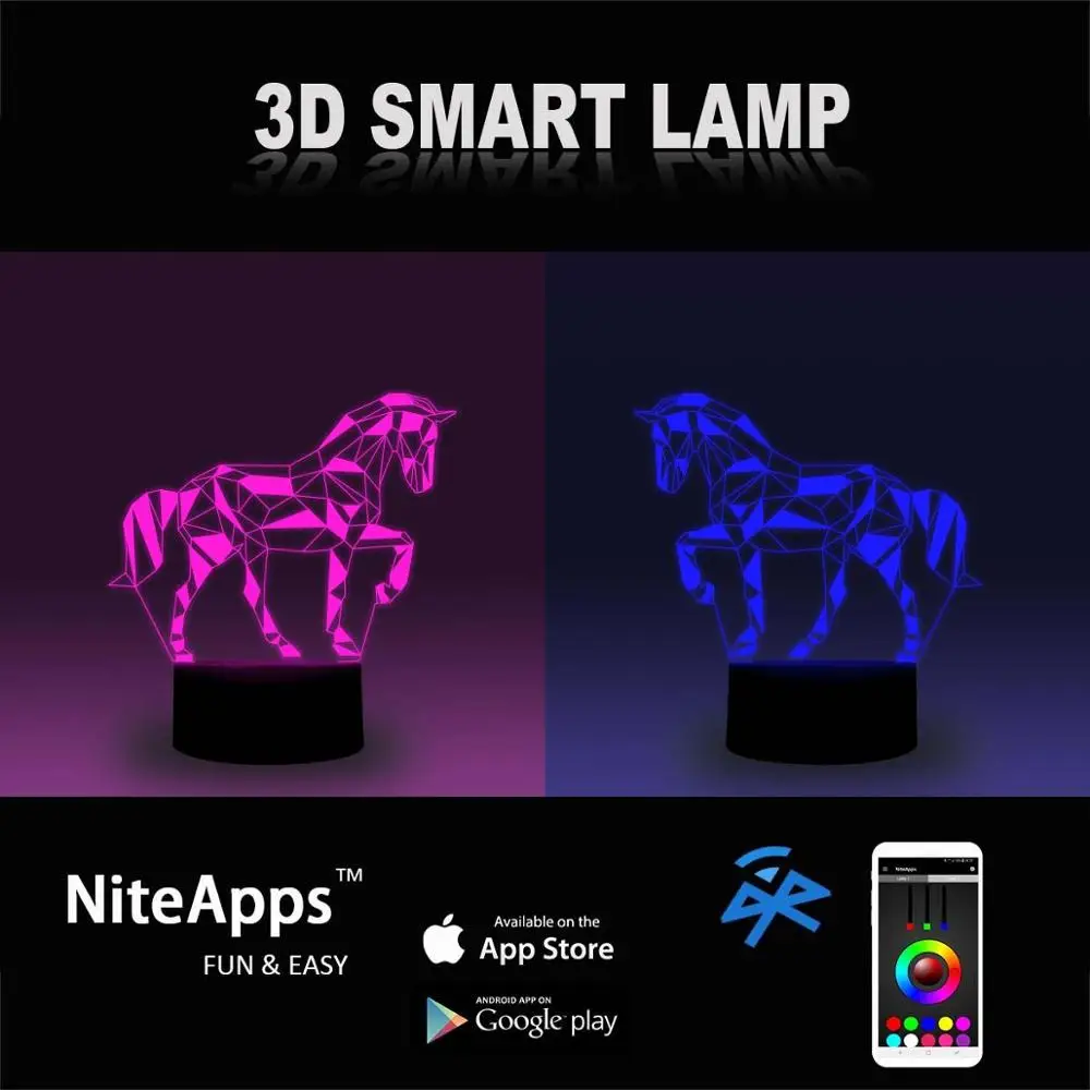 NiteApps 3D прогулочная лошадь ночник настольная Иллюзия украшение лампа подарок на день рождения приложение/сенсорное управление
