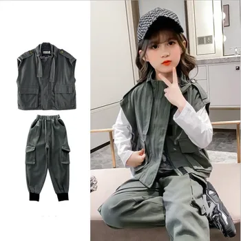 

Spring autumn new sleeveless coats + trousers 2 pcs sets teenage letter print suits girls fashion sets 4-16Y ws1717