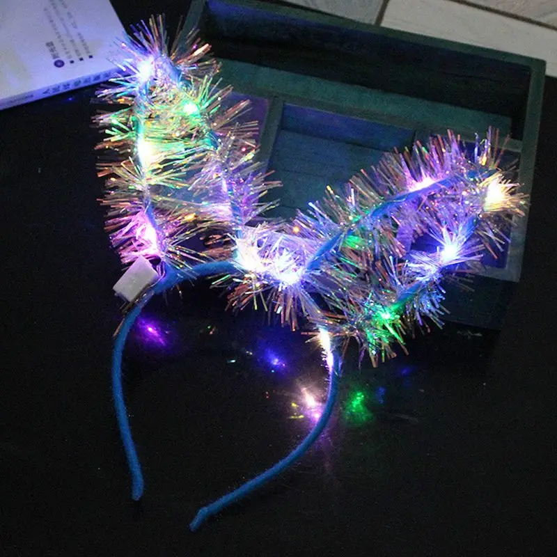 Women Girls Long Rabbit Ears LED Glow Headband Flashing Hair Hoop Fluffy Glitter Hologram Tinsel Christmas Holiday Party Costume