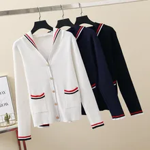 Новинка осень полосатый вязаный жакет Женский Повседневный v-образный вырез однобортный свитер с капюшоном женский тонкий кардиган с карманами свитер