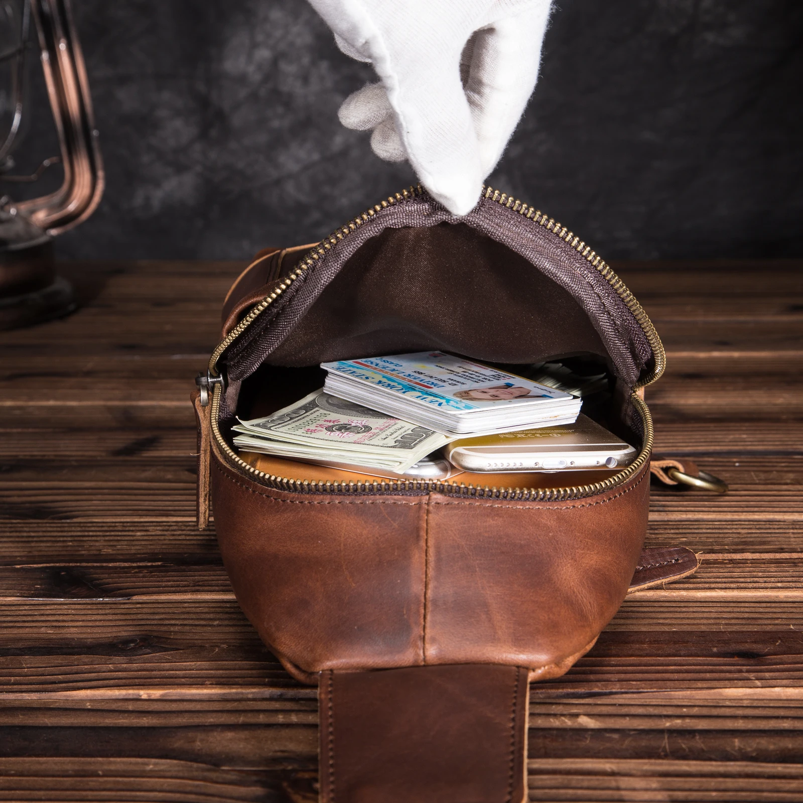 Trend Crazy Horse Leather Men Casual Fashion Travel Triangle Chest Sling Bag Design 8" Tablet One Shoulder Bag Daypack Male 8016