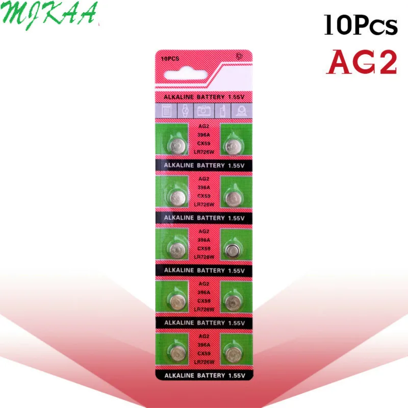 Щелочные батарейки AG2 LR726 шт./упак. 10 396 SR726 196 1 55 в SG2 SR9 726 LR59 для часов игрушек