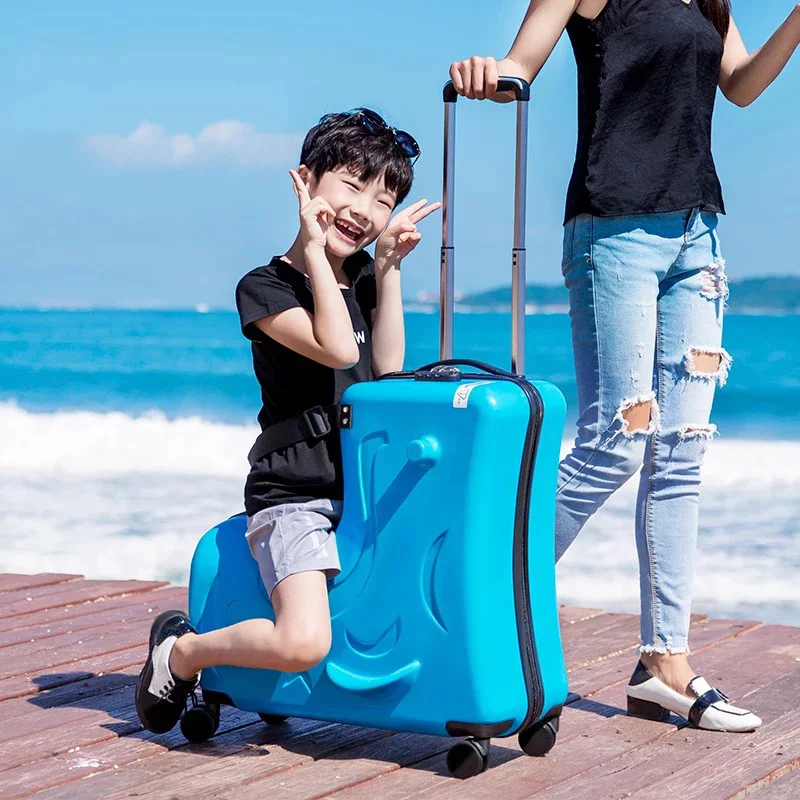Children's sit ride suitcase on wheels kids 20/24 inch slide rolling luggage  travel wooden horse trolley case baby travel valise - AliExpress
