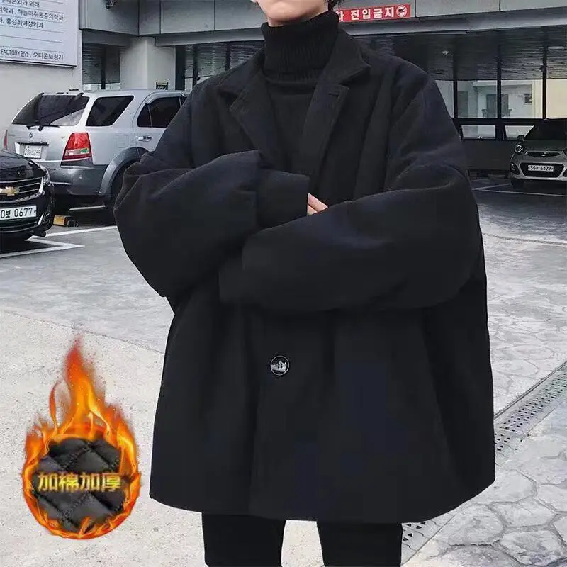 

Men's Black Coats Windbreaker Trend Parkas Loose Winter Snow Jackets Thickening Woollen Blends In Warm Cotton-padded Clothes