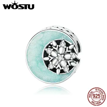 

WOSTU 925 Sterling Silver Snow & Moonlight Charm Round Blue Enamel Bead Pendant Fit Original Bracelet Necklace Jewelry CQC1653