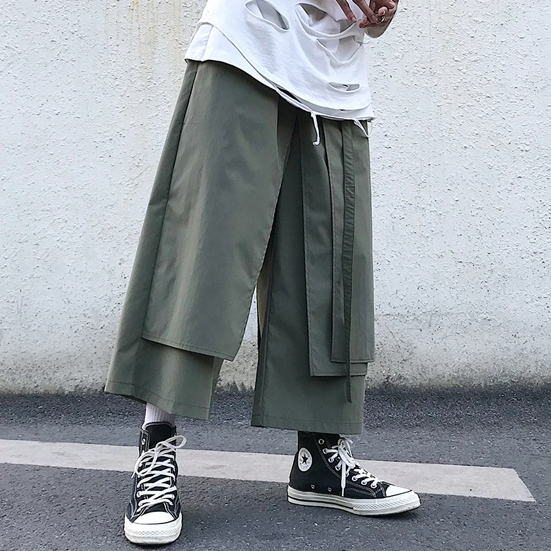 Fake Two-Piece Pants Men Male New Loose Wide-Leg Trousers Casual Straight Streetwear Spring Autumn Hip-Hop Pantalons Capris