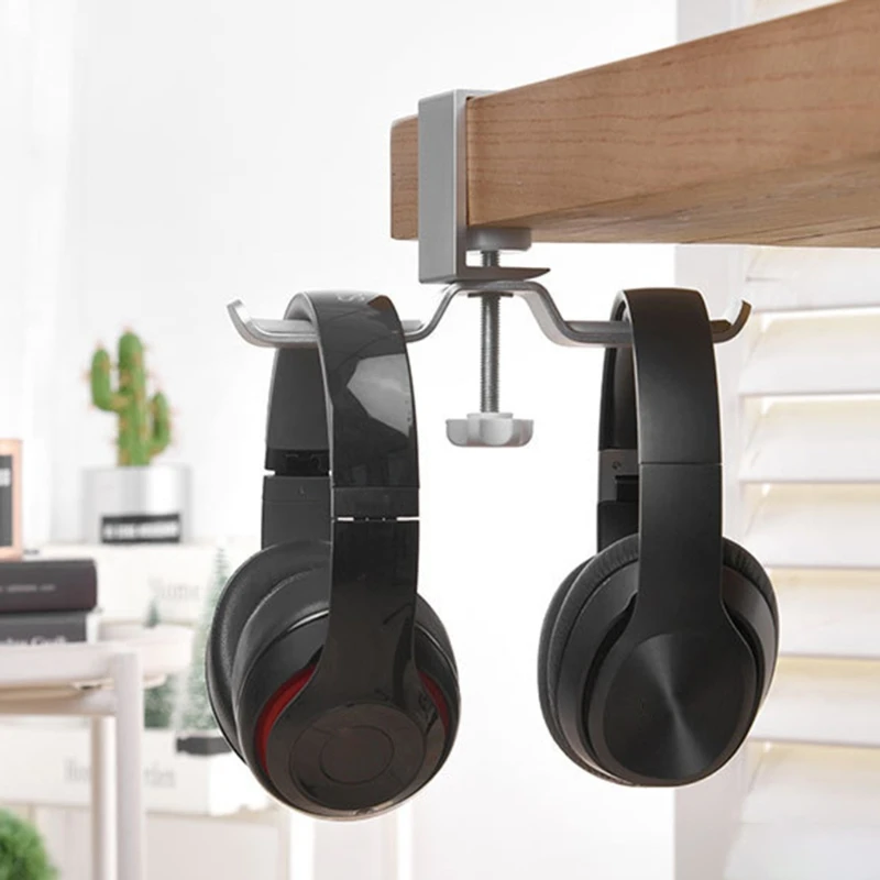 Aluminium Alloy Headphone Holder Headset Bracket Hanger Metal Wall Clamp Hook Rotatable Double Earphone Stand Desktop