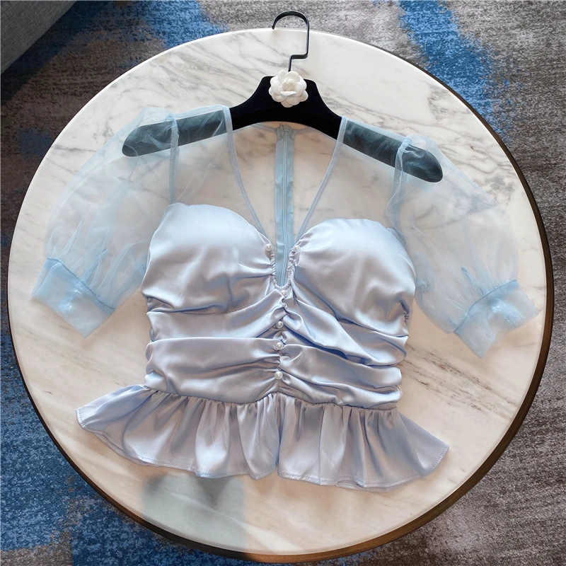

2020 Summer New Blouse for Women Blue Short Tops Shirt Pearl Buckle Satin Mesh Chiffon Shirt Woman Perspective Blouses Girls Top