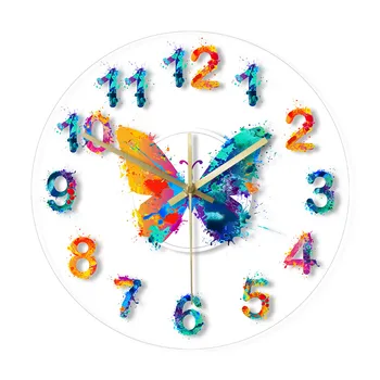 

Watercolor Butterfly Painting With Numbers Modern Wall Clock Hanging Timepiece Giclee Fine Art Print Silent Wall Watch