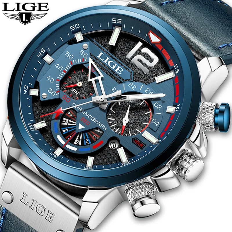 

LIGE Mens Leather Quartz Watch For Men 2022 New FashionTop Brand Luxury Wristwatch Waterproof Sport Clock Relogio Masculino+Box