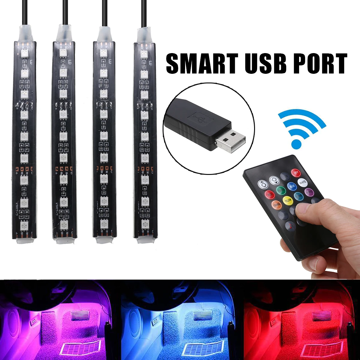 Car Decorative Lamps 4pcs Car RGB LED Strip Lights Colors Car Styling Atmosphere Lamps Car Interior Light With Remote