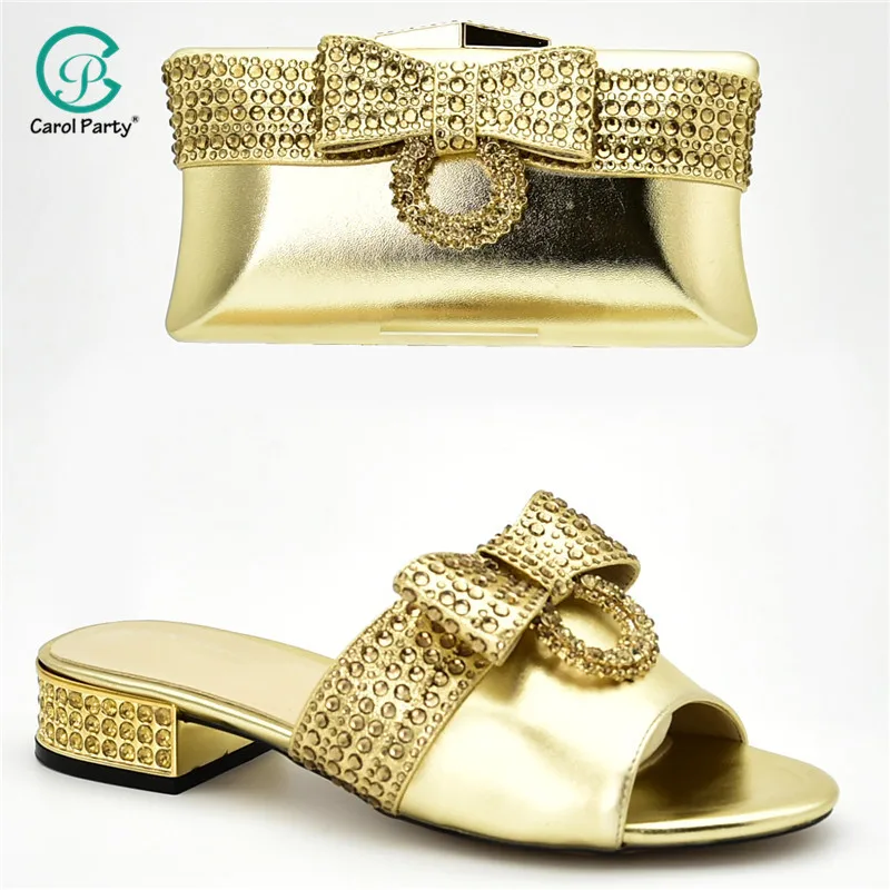 

New Arrival Gold Color Italian design Shoes and Bags To Match Set Nigerian Shoes and Matching Bags Set Decorated with Rhinestone
