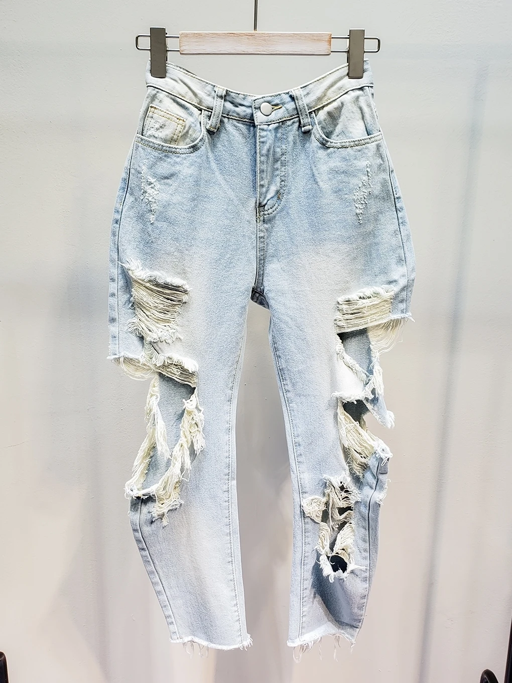 [EWQ] 2019 весна лето новый узор деним пэчворк рваные с высокой талией уличная ассиметричные джинсы женская Мода Tide AG38905XL