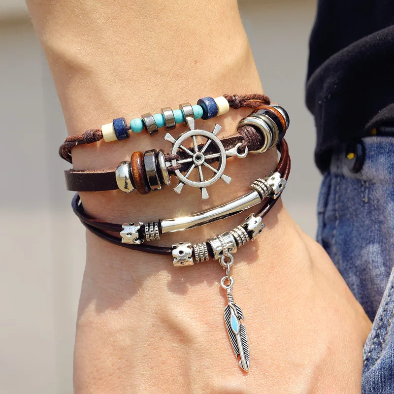 Boho Регулируемый веревочный многослойный комплект кожаного браслет для женщин и