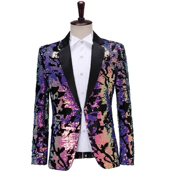 

Male Tide Turn Over Bright Face Flash Small Suit Slim Fit Sequins Host Bar Dj Performance Suit Men Personality Coat