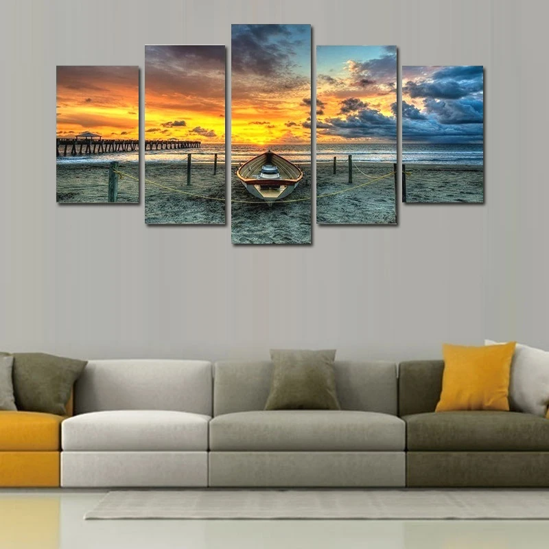 Домашний декор настенная живопись 5 панелей закат Рисунок &quotпляж&quot Печать холст