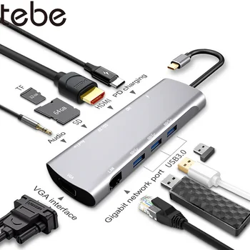 

tebe 10 IN 1 USB C HUB Docking Station Type-C to HDMI RJ45 Gigabit VGA SD/TF USB 3.0 PD Fast Charge Adapter Type c Hub Splitter