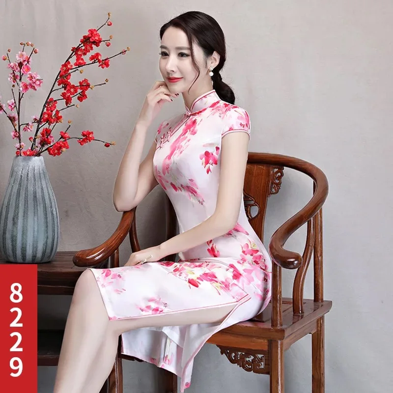 Новинка платье миди Cheongsam Qipao сезон: весна–лето платье Для женщин Элегантный принт женское платье модельные вечерние традиционное китайское платье Vestidos - Цвет: 8229
