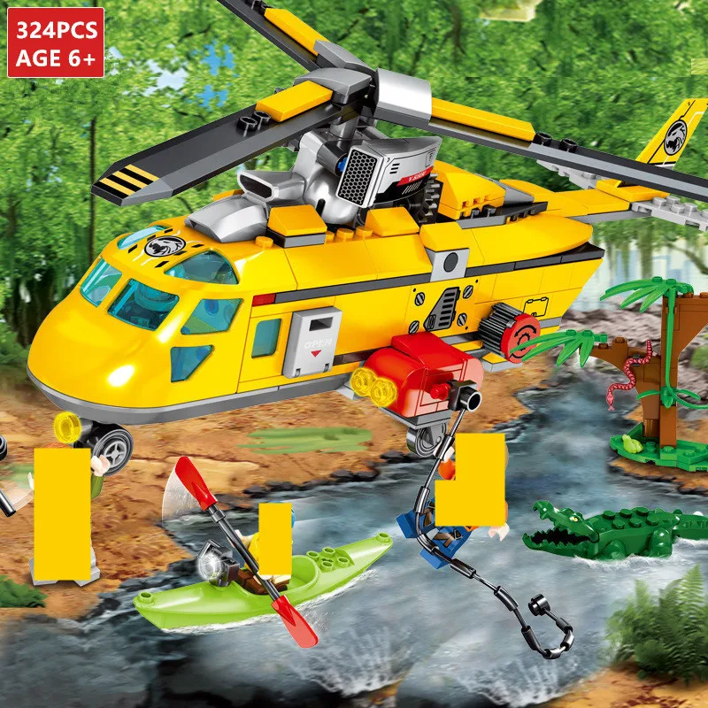 

324Pcs City Rescue Team Jungle Helicopter Boat Building Blocks Set LegoINGs Bricks Educational Toys for Children Christmas Gifts