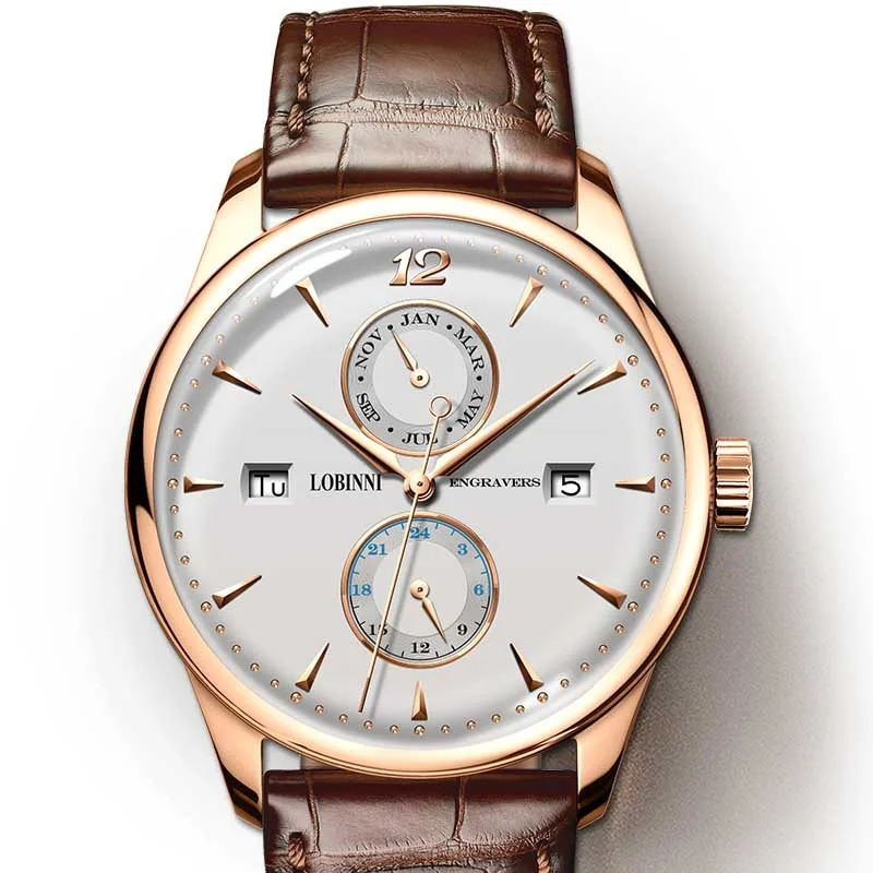 Роскошные брендовые LOBINNI механические часы с автоматическим подзаводом мужские часы со скелетом Кожа 50 м водонепроницаемый календарь даты 24 часа horloges man - Цвет: Rose White Brown