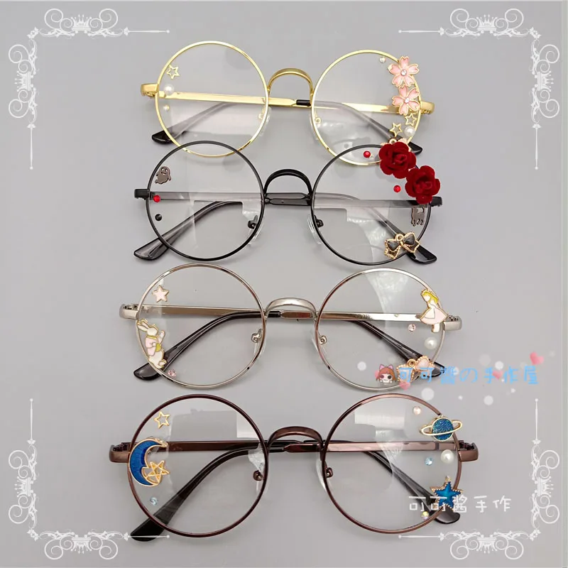 

Hand made lolita glasses soft sister sweet Japanese Harajuku girl round frame cherry glasses cosplay exhibition men read