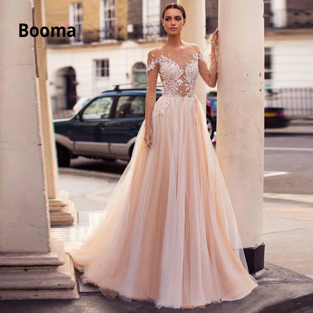 

Booma Elegant Lace Appliqued Soft Tulle Wedding Dresses Beach 2020 Long Sleeve Illusion Bridal Gowns Boho Princess Party Dress