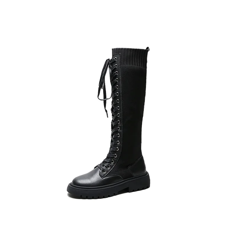 

Black knee boots female 2010 new flying woven elastic women's boots thick with fake belt high boots
