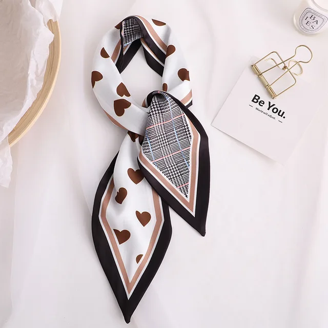 Sweet Love Print Women Small Silk Scarf Handle Bag Ribbons Female Head Scarves Sharp angle Green 90*10cm 42