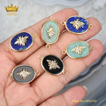 

5pcs Small Natural Stones Beads Gold Connectors for Bracelet,Amazonite Lapis Black Agates Paved Bee Charm Findings Jewelry