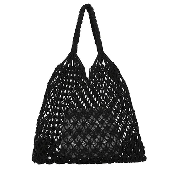 

Fashion Popular Beach Bag Women Handmade Woven Composite Bag New Mesh Rope Weaving Hollow Straw Bag Shopping Bag 2 Sets Black