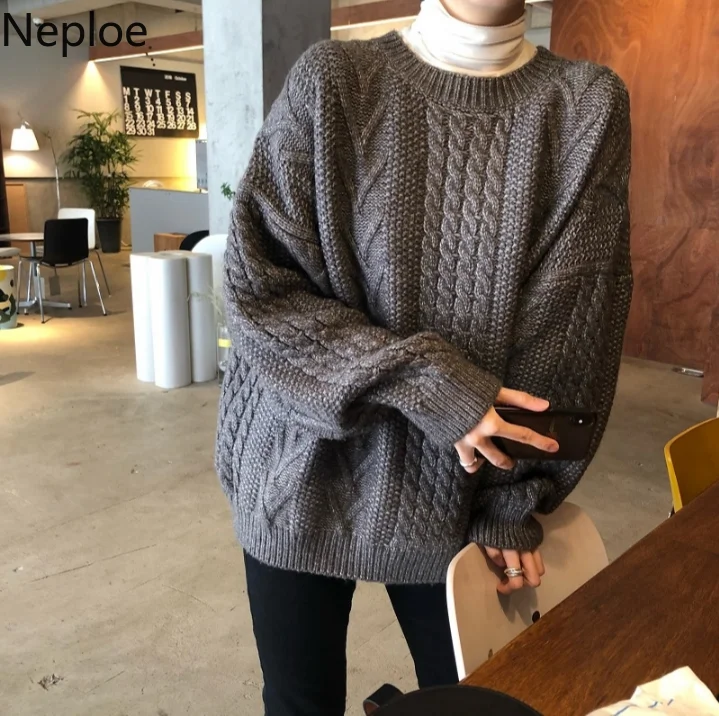 

Neploe Oversized Pullover Sweater Twisted Medium-long Knit Pull Jumpers 2019 Autumn Winter Long Sleeve O-neck Knitted Tops 54477