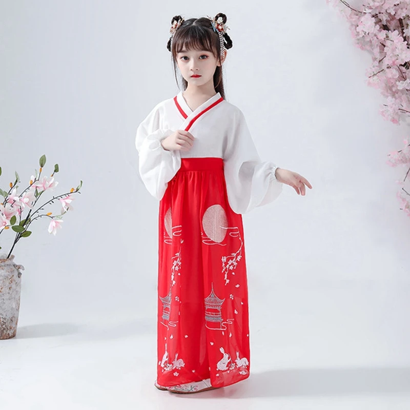 Hanfu/летнее платье с длинными рукавами для девочек; оригинальное улучшенное платье для девочек в стиле ретро и китайском стиле; осеннее платье для фотосессии в национальном стиле